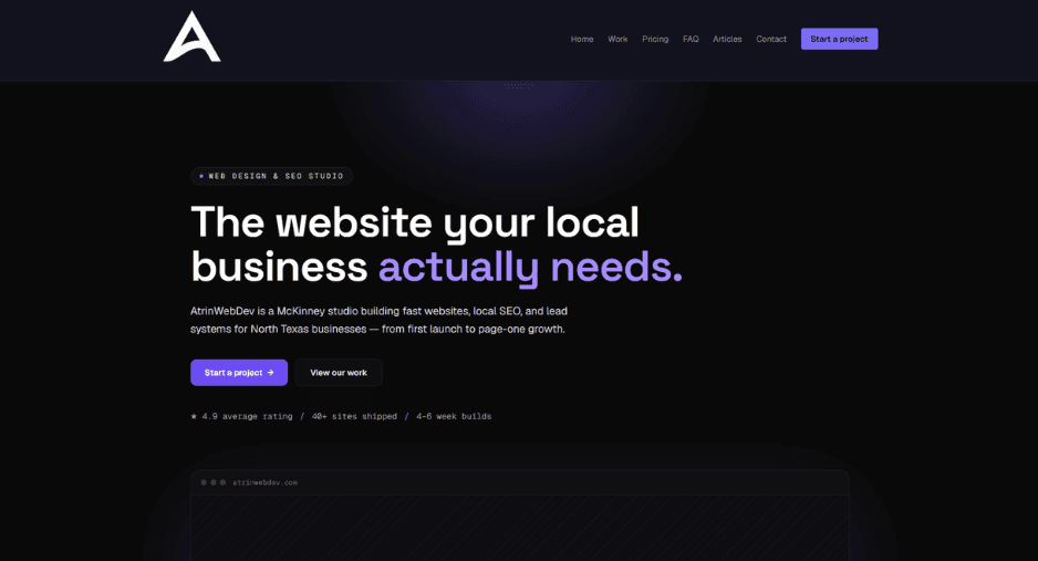 AtrinWebDev studio homepage — a web design site built on Unasystems