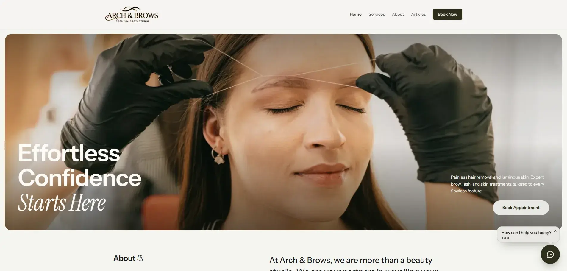 Arch & Brows website homepage showing a woman receiving eyebrow threading with gloved hands and the headline Effortless
