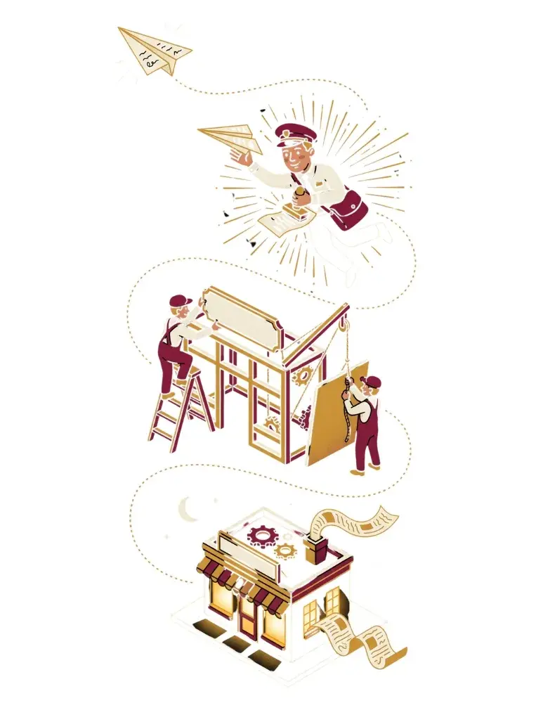 Vintage illustration of a mail courier, sign builders and a small storefront — how Unasystems builds and runs a site