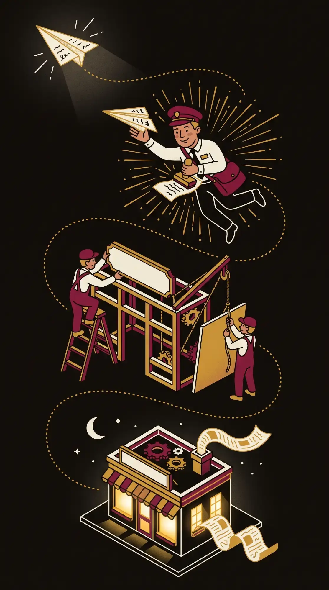 A flying courier, sign builders and a glowing storefront printing fresh pages — Unasystems building and running a site